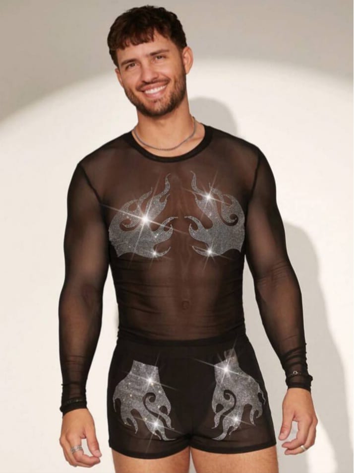 Men's Rhinestone See-Through Mesh Long Sleeve Tight-Fitting Sleepwear